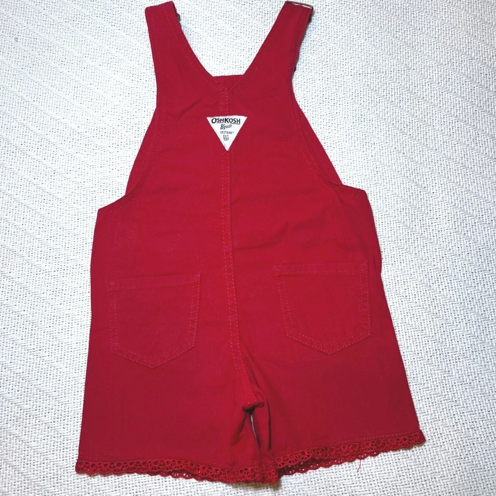 OshKosh B'gosh Girls Red Eyelet Lace Trim Shortalls Overalls 3T